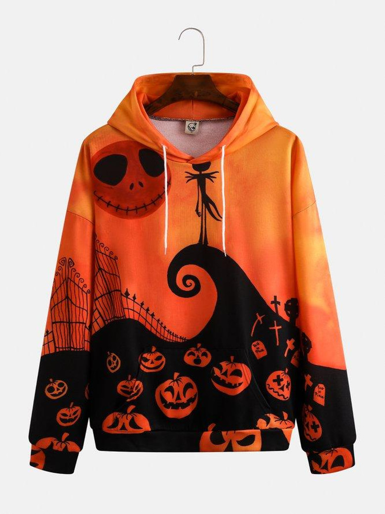 Men's Black Halloween Hoodie Graphic Print Fashion Hooded Long Sleeve Sweatshirt