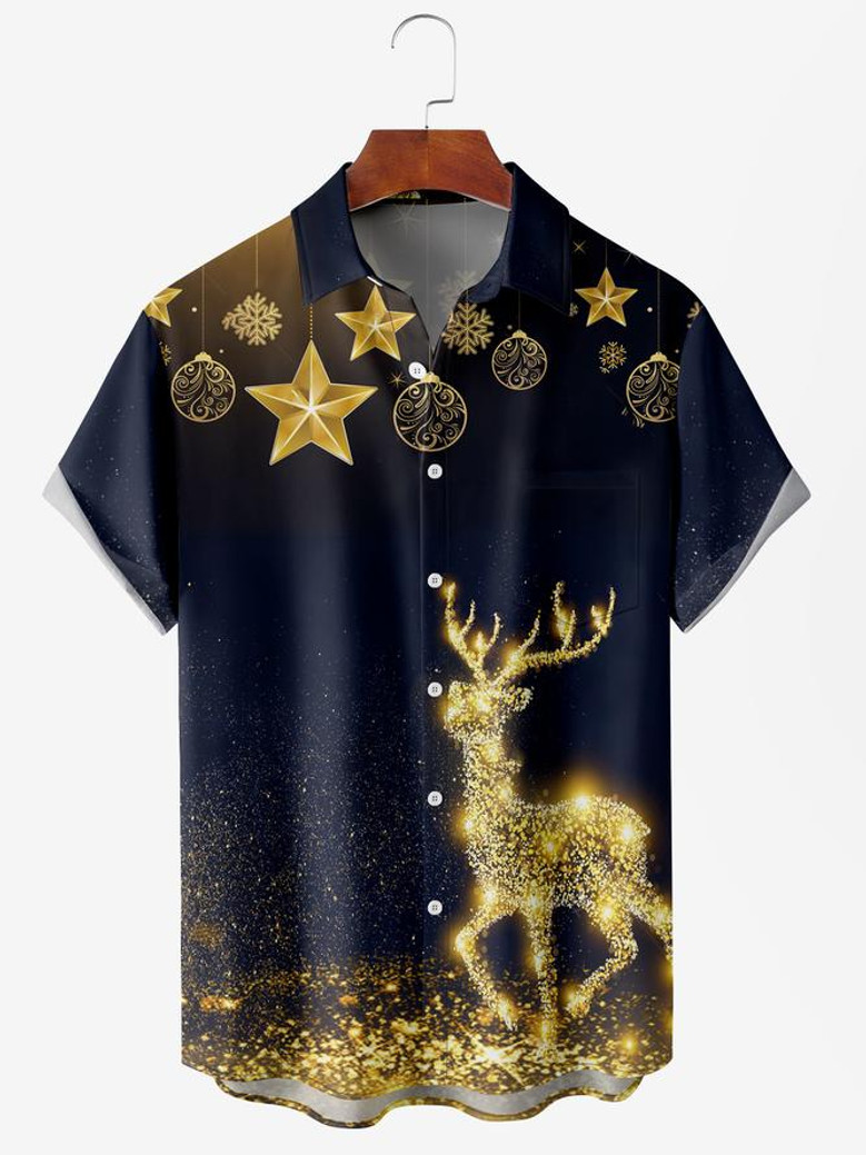 Men's Christmas Printed Moisture Wicking Fabric Fashion Lapel Short Sleeve Hawaiian Shirt Christmas Gift