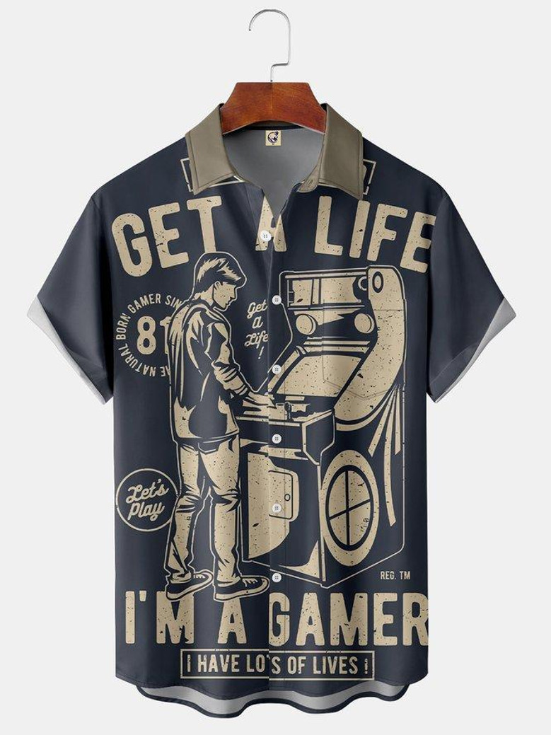 Men's Retro Game Machine Vintage Retro Print Fashion Hawaiian Lapel Short Sleeve Shirt