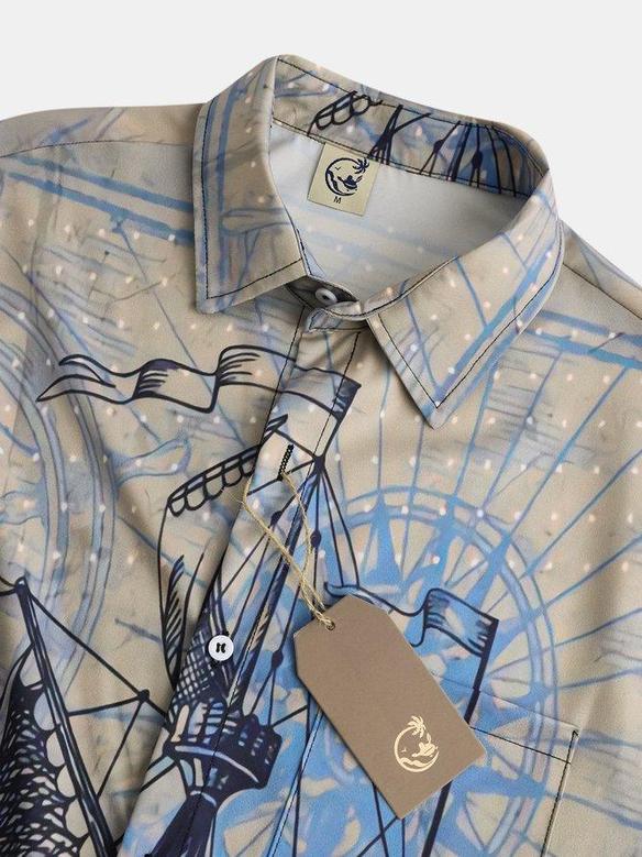 Resort Style Hawaiian Series Nautical Gradient Retro Sailboat Element Pattern Lapel Short Sleeve Chest Pocket Shirt Print Top
