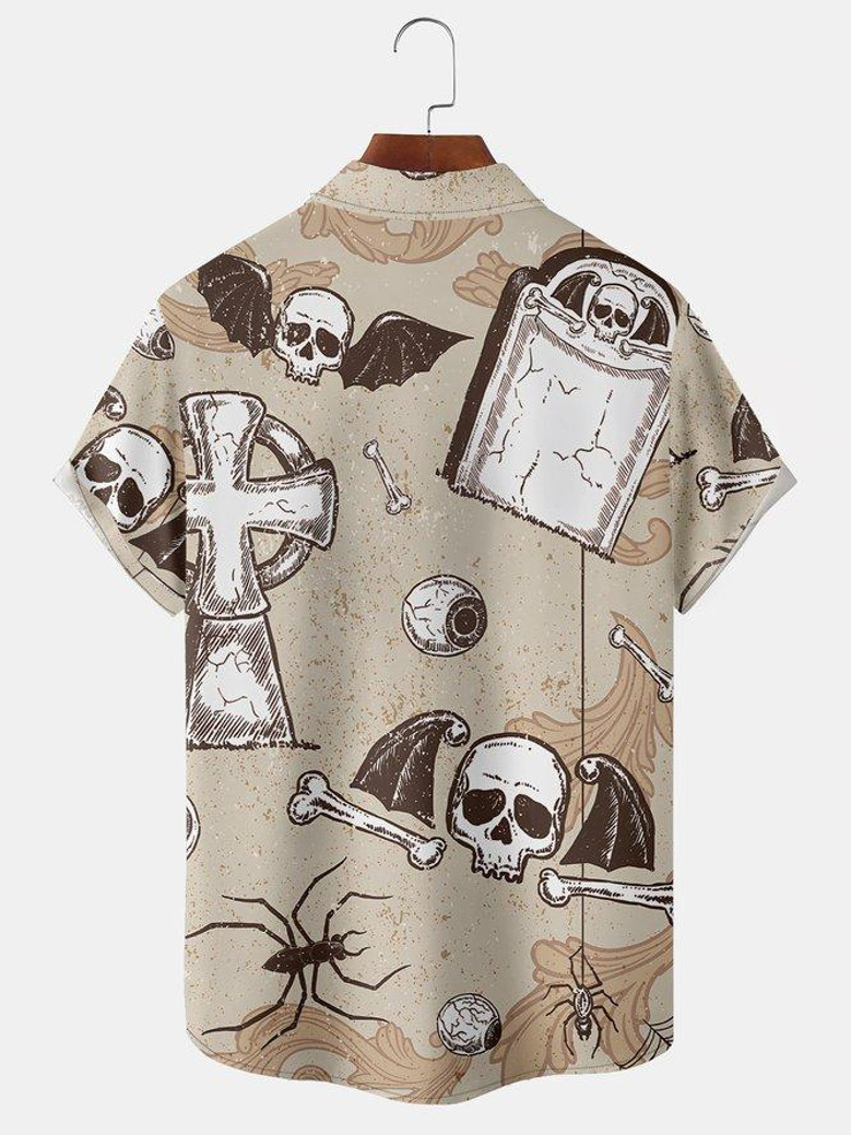 Vintage Retro 
Men's Halloween Skull Print Casual Breathable Short Sleeve Shirt