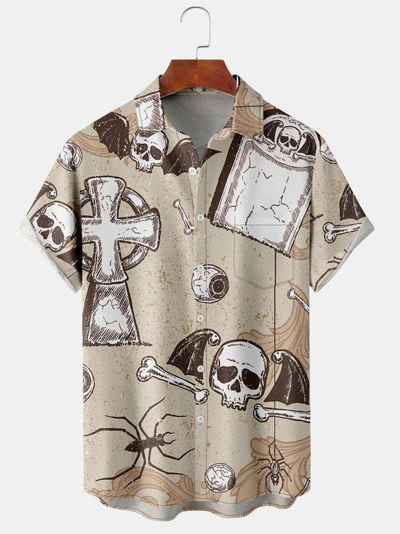 Vintage Retro 
Men's Halloween Skull Print Casual Breathable Short Sleeve Shirt