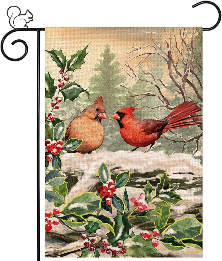 Christmas Garden Flag, Double Sided Rustic Bird Cardinal Holly Berry Branches Snow House Flags Welcome Winter Holiday New Year Porch Sign For Home Lawn Outdoor Decor