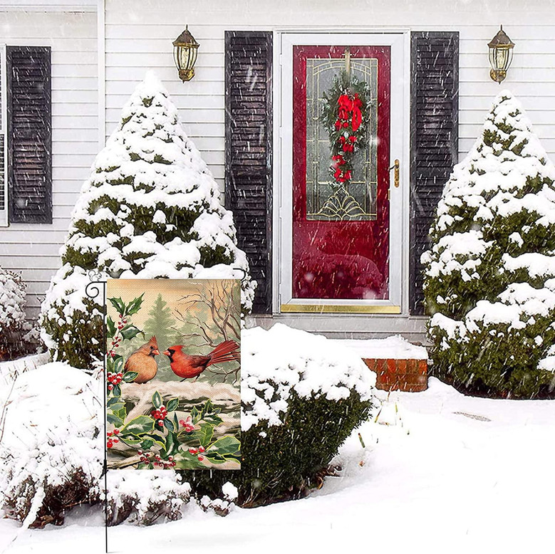 Christmas Garden Flag, Double Sided Rustic Bird Cardinal Holly Berry Branches Snow House Flags Welcome Winter Holiday New Year Porch Sign For Home Lawn Outdoor Decor