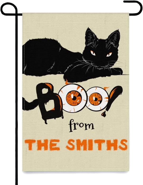 Custom Family Last Name Halloween Garden Flag Double Print Yard Flags Personalized Witch Outdoor Decorations Black Cat