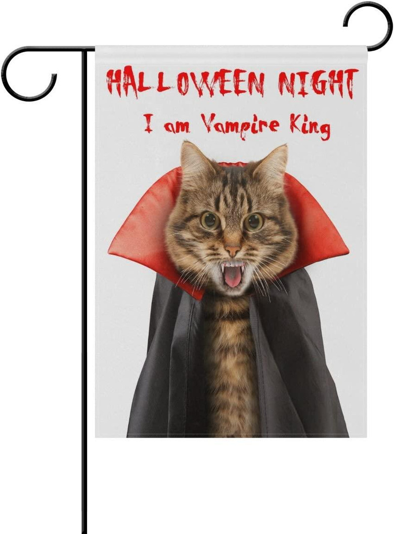 Double Sided Lovely Animal Cat Vampire King Happy Halloween Garden Flag Banner 12 X 18 Inch For Outdoor Home Garden Flower Pot Decor