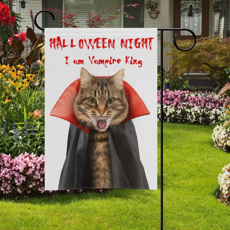 Double Sided Lovely Animal Cat Vampire King Happy Halloween Garden Flag Banner 12 X 18 Inch For Outdoor Home Garden Flower Pot Decor