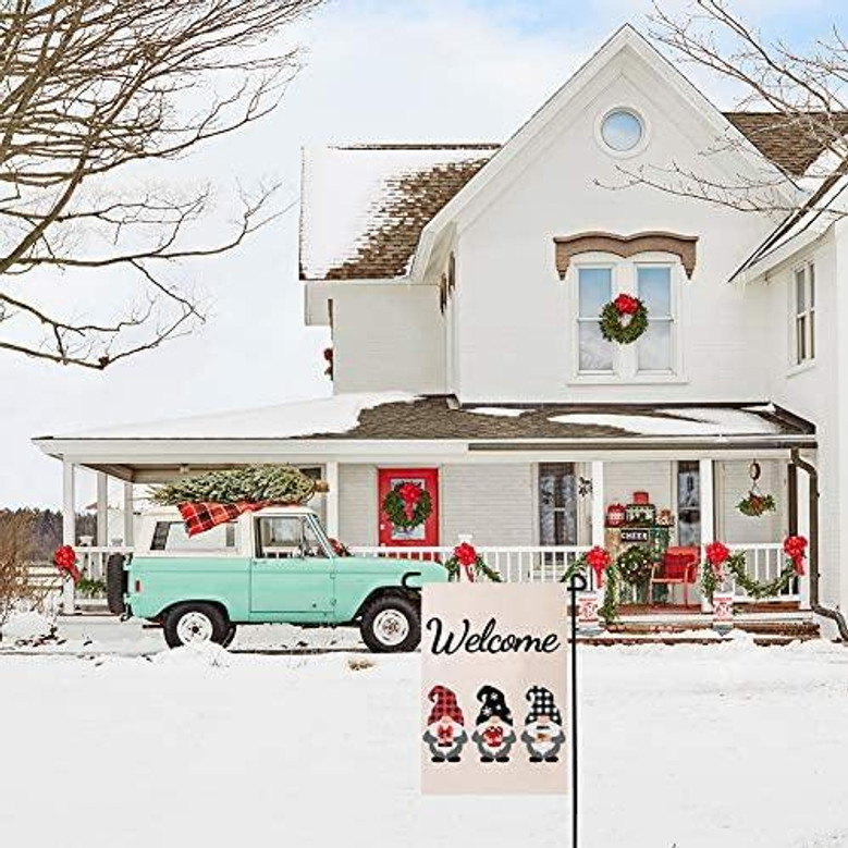 Gnome Coffee Welcome Garden Flag Winter Outdoor Sign Black Red White Buffalo Check Plaid Tea Cocoa Bar Rustic House Double Sided Decoration