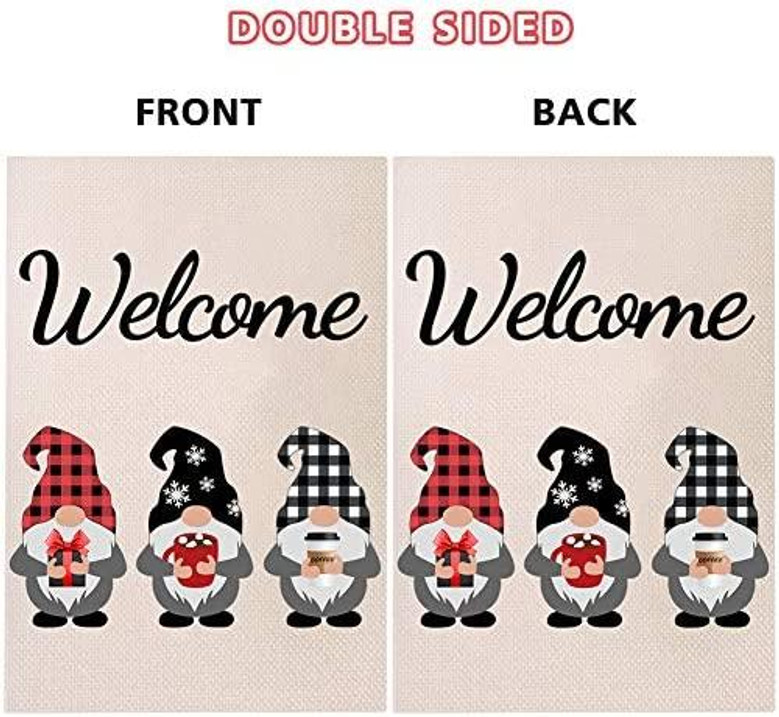 Gnome Coffee Welcome Garden Flag Winter Outdoor Sign Black Red White Buffalo Check Plaid Tea Cocoa Bar Rustic House Double Sided Decoration