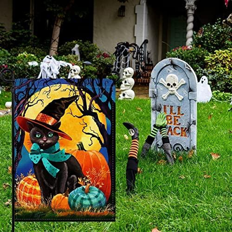 Halloween Black Cat Garden Flag Vertical Double Sided, Fall Pumpkin Halloween Yard Outdoor Decoration