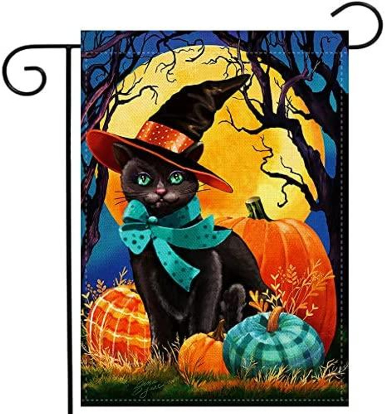 Halloween Black Cat Garden Flag Vertical Double Sided, Fall Pumpkin Halloween Yard Outdoor Decoration