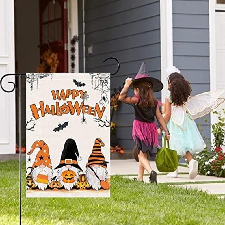 Halloween Garden Flag 12x18 Inch Double Sided Vertical Yard Flag Gnomes Boo Black Cat Pumpkin Bats Halloween Elements Flag For Seasonal Holiday Decorations Small Fall Flag For Outside