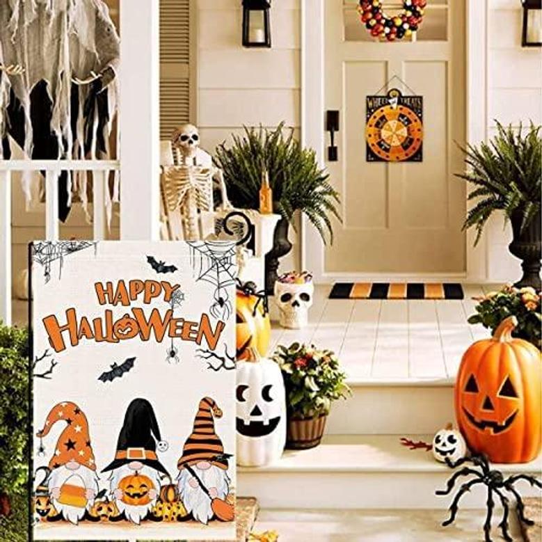 Halloween Garden Flag 12x18 Inch Double Sided Vertical Yard Flag Gnomes Boo Black Cat Pumpkin Bats Halloween Elements Flag For Seasonal Holiday Decorations Small Fall Flag For Outside