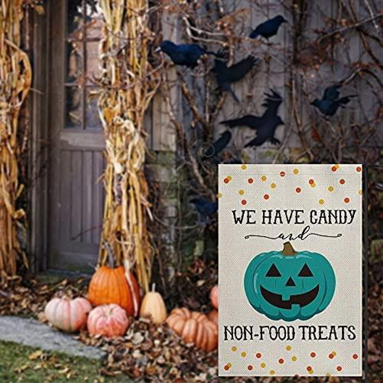 Halloween Teal Pumpkin Jack-o'-lantern Garden Flag Vertical Double Sided, We Have Candy Non-food Treats Available Here Yard Outdoor Decoration Halloween Teal Pumpkin Jack-o'-lantern Garden Flag Vertical Double Sided, We Have Candy Non-food Treats Available Here Yard Outdoor Decoration