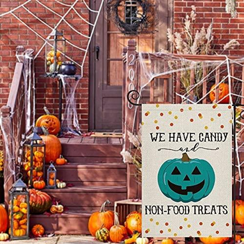 Halloween Teal Pumpkin Jack-o'-lantern Garden Flag Vertical Double Sided, We Have Candy Non-food Treats Available Here Yard Outdoor Decoration Halloween Teal Pumpkin Jack-o'-lantern Garden Flag Vertical Double Sided, We Have Candy Non-food Treats Available Here Yard Outdoor Decoration