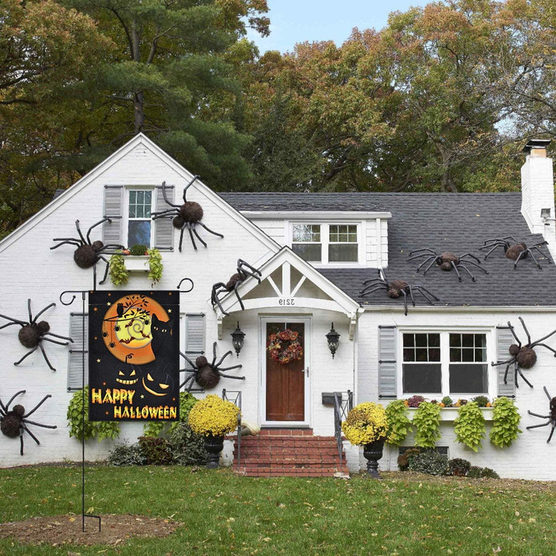Happy Halloween Garden Flag Vertical Double Sided Printing 2 Layer Spooky Cat Pumpkin Spiders Flags Garden Yard Outdoor Decorations 12 X 18 Inches