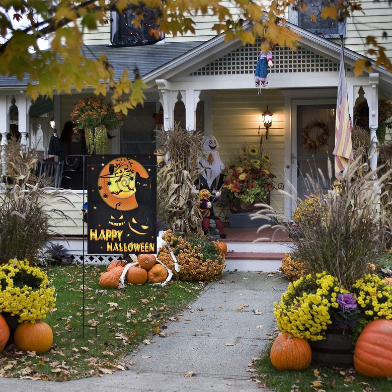 Happy Halloween Garden Flag Vertical Double Sided Printing 2 Layer Spooky Cat Pumpkin Spiders Flags Garden Yard Outdoor Decorations 12 X 18 Inches