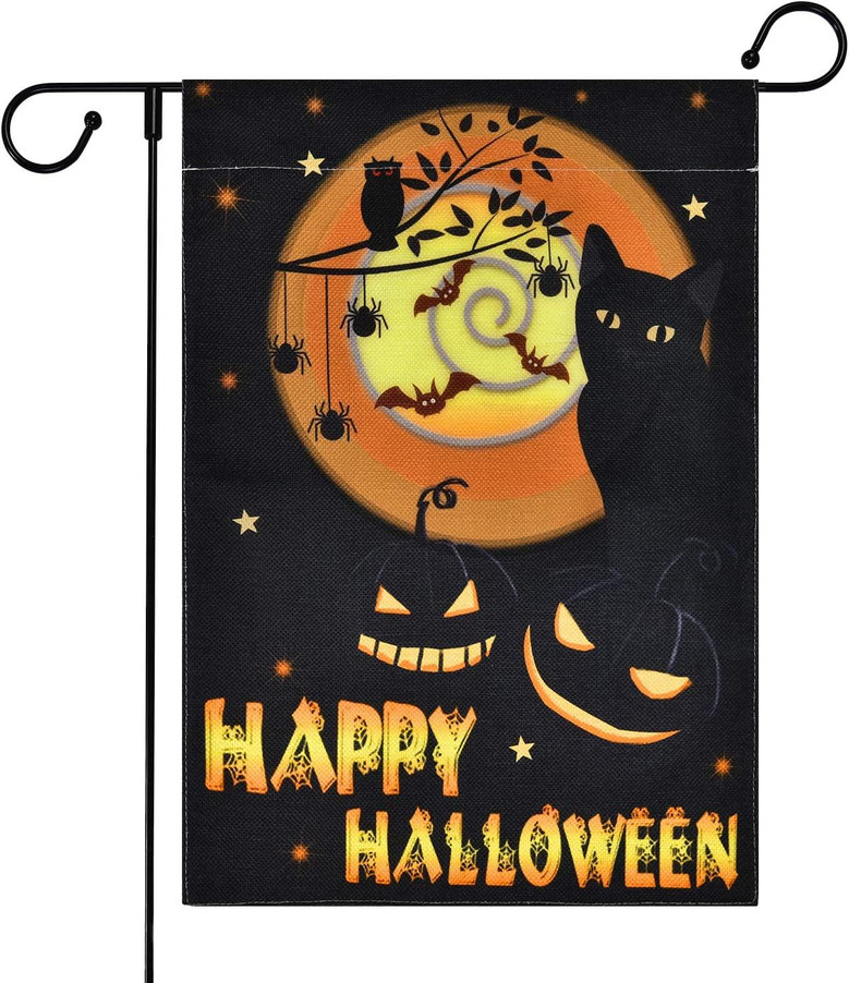 Happy Halloween Garden Flag Vertical Double Sided Printing 2 Layer Spooky Cat Pumpkin Spiders Flags Garden Yard Outdoor Decorations 12 X 18 Inches
