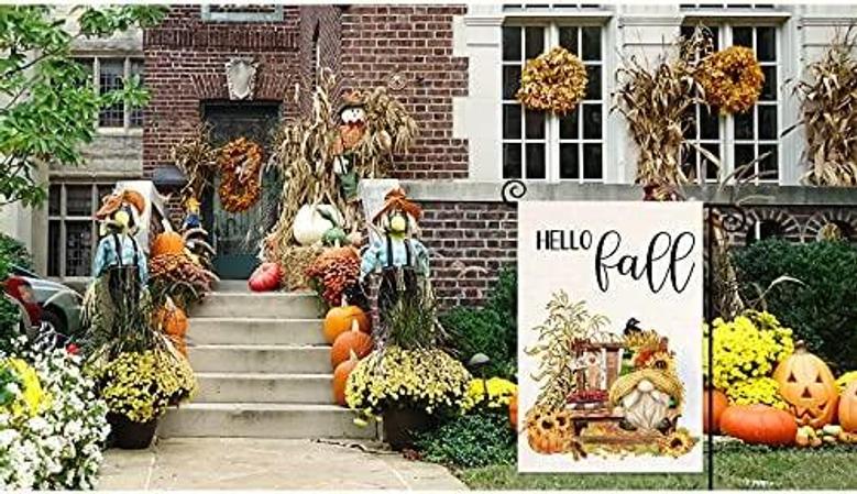 Hello Fall Gnomes Garden Flag Vertical Double Sided Chair Yellow Gnomes Yard Outdoor Decor Holiday Party Yard Welcome Lawn Terrace Home Decoration