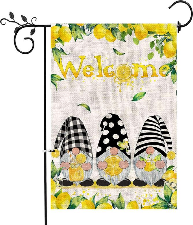 Lemon Gnomes Summer Garden Flags, Double Sided Welcome Burlap Small Flag, Outdoor Funny Lemon Juicy Black Plaid Gnomes Spring And Summer Home Decoration Sign