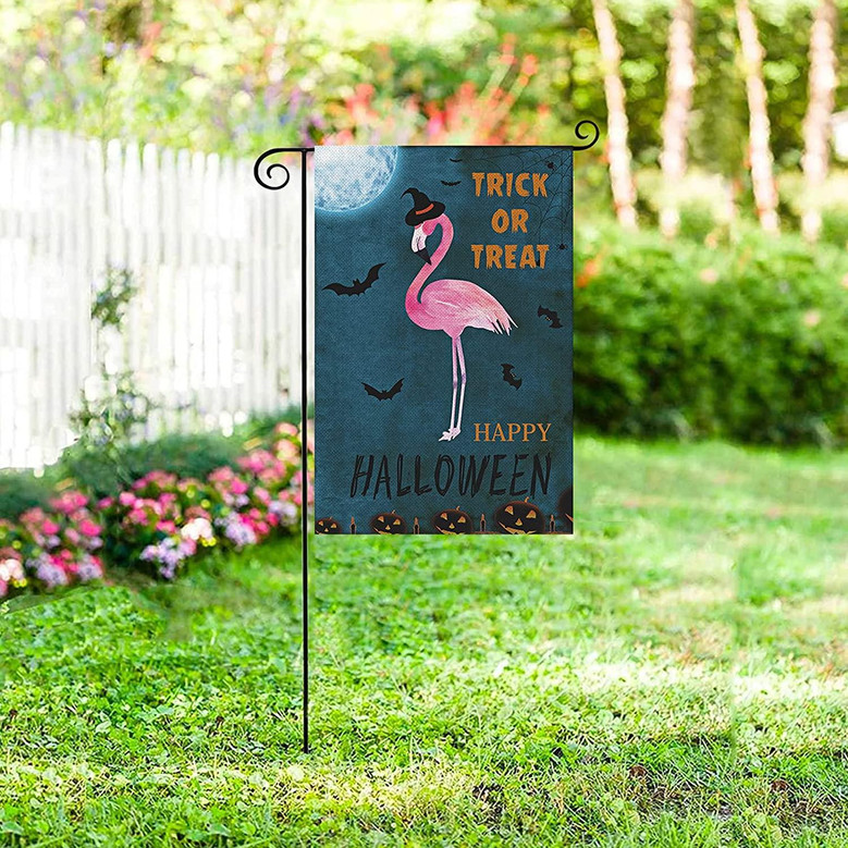 Summer Fall Garden Flag, Flamingo Happy Halloween Trick Or Treat, 12×18 Inch, Double Sided, Vertical Holiday Yard Farmhouse Outdoor Décor