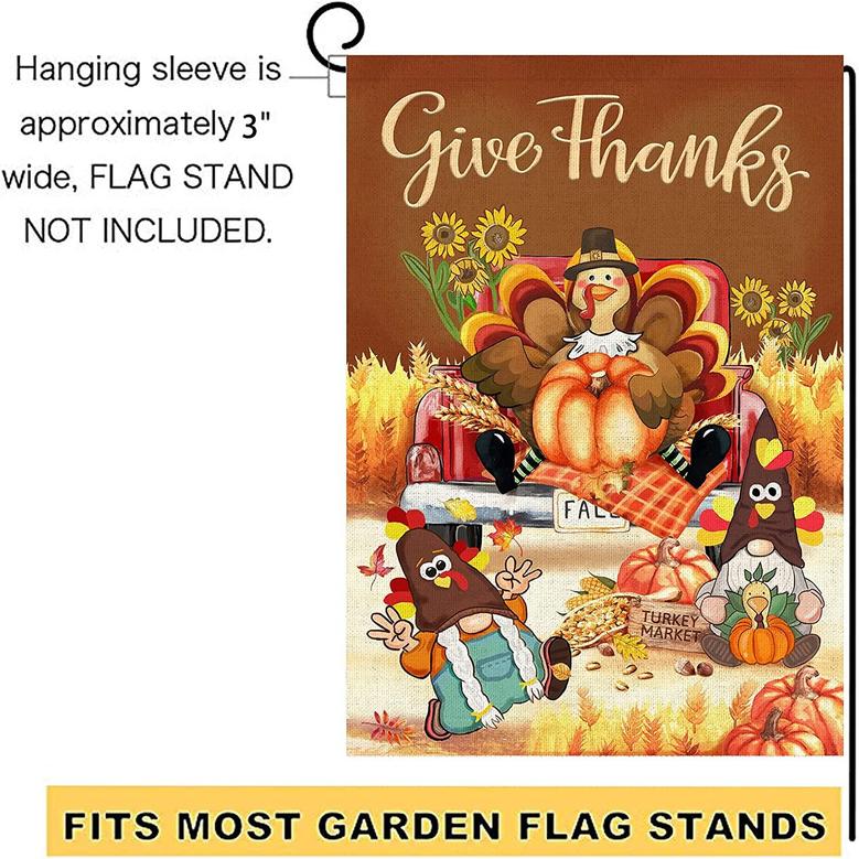 Thanksgiving Flags Double Sided, Turkey Gnomes Pumpkins Burlap House Flag, Give Thanks Sunflowers Truck Welcome Decorative Banners Signs For Home Garden Yard Lawn Fall Decor Outside