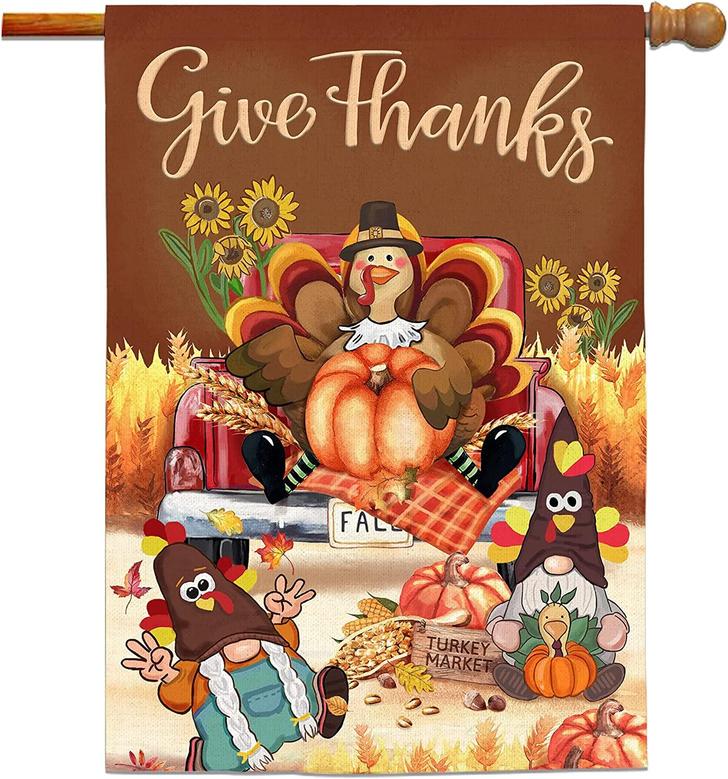 Thanksgiving Flags Double Sided, Turkey Gnomes Pumpkins Burlap House Flag, Give Thanks Sunflowers Truck Welcome Decorative Banners Signs For Home Garden Yard Lawn Fall Decor Outside