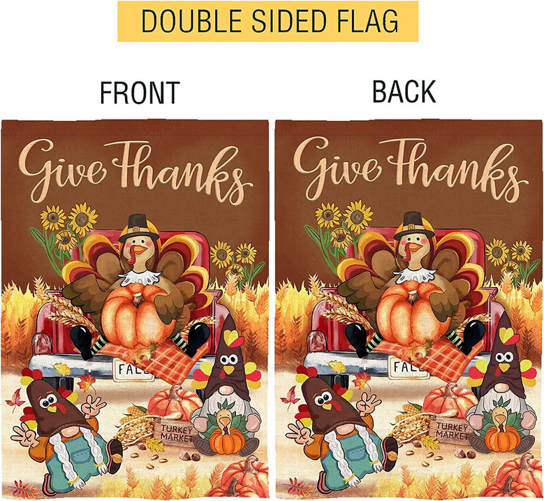 Thanksgiving Flags Double Sided, Turkey Gnomes Pumpkins Burlap House Flag, Give Thanks Sunflowers Truck Welcome Decorative Banners Signs For Home Garden Yard Lawn Fall Decor Outside