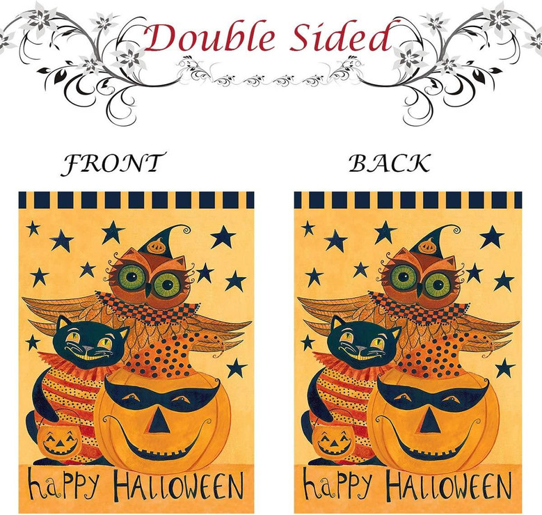 Wamika Happy Halloween Pumpkin Owl Black Cat Double Sided House Flag Garden Banner 28" X 40", Halloween Trick Or Treat Fall Festive Autumn Garden Flags For Anniversary Yard Outdoor Decoration