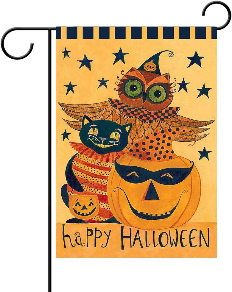 Wamika Happy Halloween Pumpkin Owl Black Cat Double Sided House Flag Garden Banner 28" X 40", Halloween Trick Or Treat Fall Festive Autumn Garden Flags For Anniversary Yard Outdoor Decoration