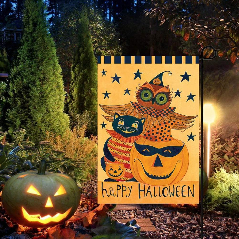 Wamika Happy Halloween Pumpkin Owl Black Cat Double Sided House Flag Garden Banner 28" X 40", Halloween Trick Or Treat Fall Festive Autumn Garden Flags For Anniversary Yard Outdoor Decoration