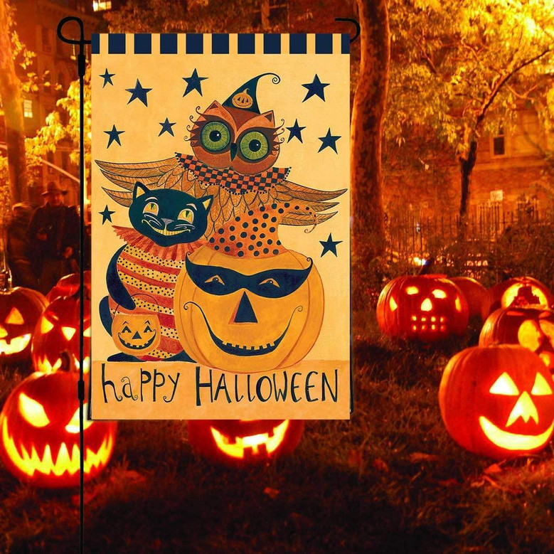 Wamika Happy Halloween Pumpkin Owl Black Cat Double Sided House Flag Garden Banner 28" X 40", Halloween Trick Or Treat Fall Festive Autumn Garden Flags For Anniversary Yard Outdoor Decoration
