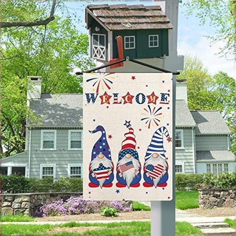 4th Of July Independence Day Welcome Gnomes Garden Flag, Gnome Patriotic Love And Star Usa Flag, Welcome Quotes Double Sided Vertical Farmhouse Flag For Yard Outdoor Decor