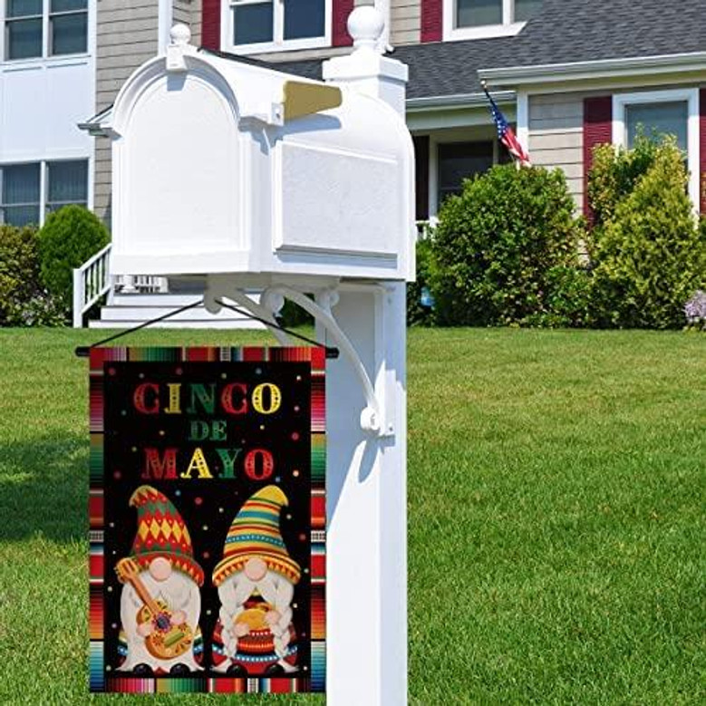 Cinco De Mayo Gnome Garden Flag Serape Guita Mexican Fiesta Themed Party Vertical Double Sized Yard Outdoor Decoration
