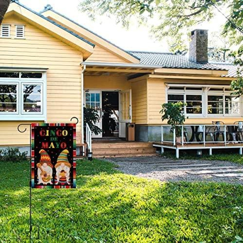 Cinco De Mayo Gnome Garden Flag Serape Guita Mexican Fiesta Themed Party Vertical Double Sized Yard Outdoor Decoration