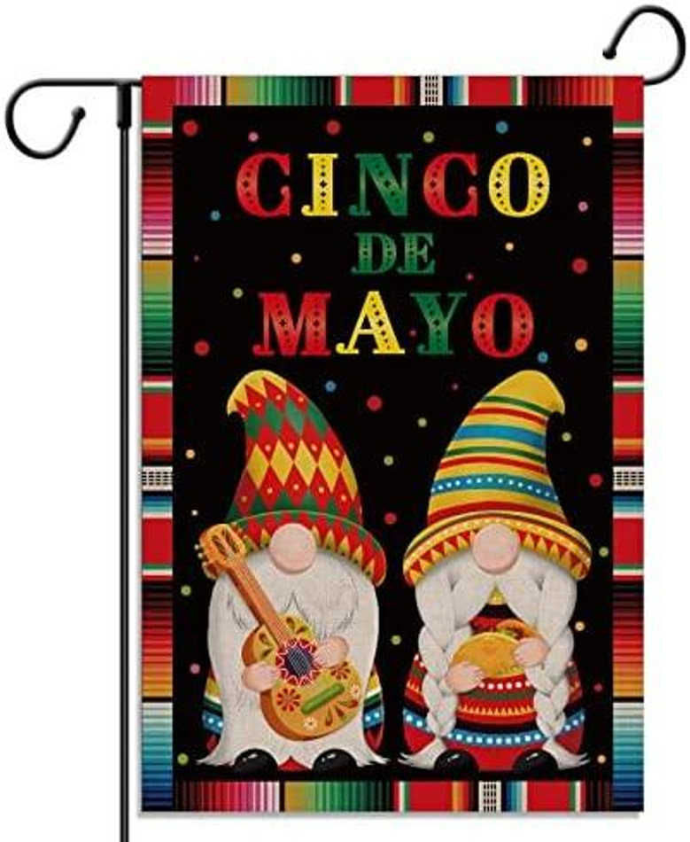 Cinco De Mayo Gnome Garden Flag Serape Guita Mexican Fiesta Themed Party Vertical Double Sized Yard Outdoor Decoration
