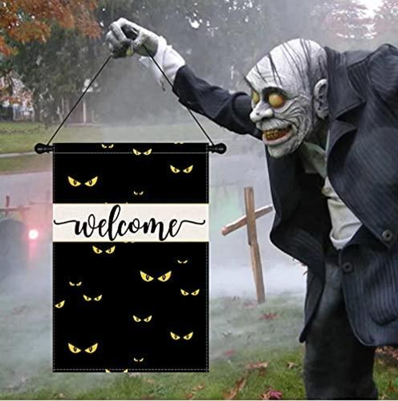 Halloween Garden Flag Black Cat Welcome Garden Flag Vertical Double Sized, Pet Lovers Halloween Yard Outdoor Decoration