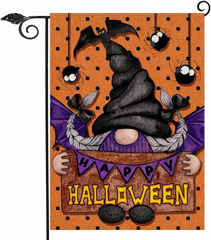 Happy Halloween Bat Gnome Garden Flag Double Sided, Spider Web Decorative House Yard Lawn Polka Dot Orange Purple Outdoor Small Burlap Flag, Fall Autumn Decor Home Outside Decorations