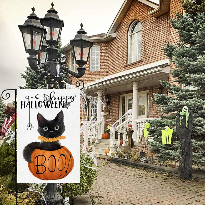 Happy Halloween Boo Garden Flag: Black Cat Pumpkin Vertical Yard Flag Double Sided - Spooky Halloween Outdoor House Decor Seasonal Holiday Decoration