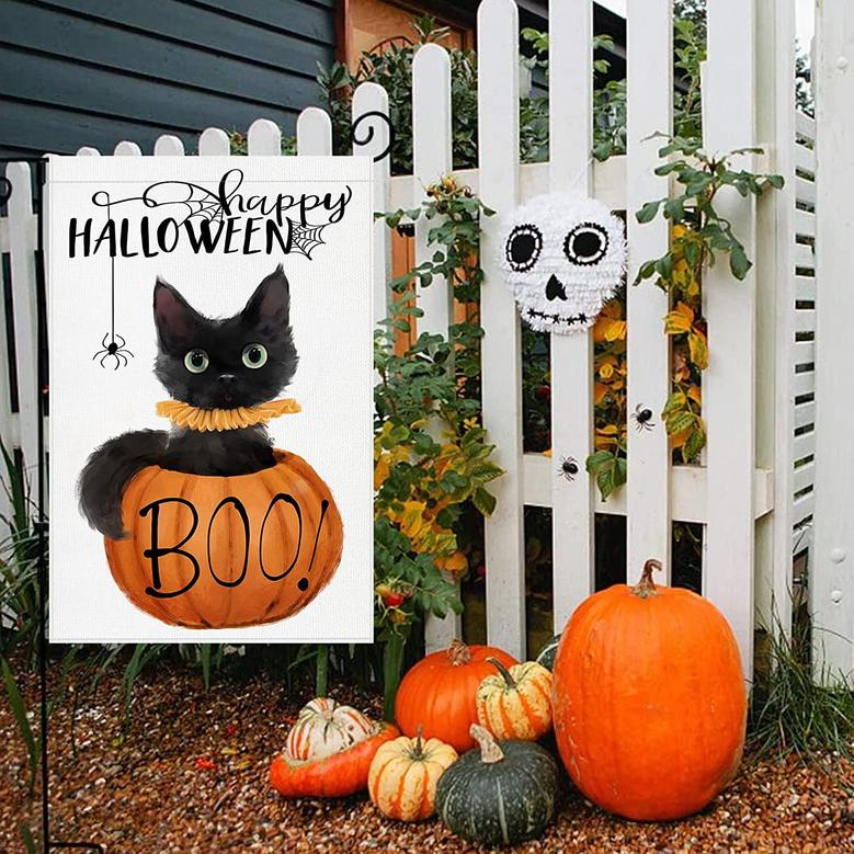 Happy Halloween Boo Garden Flag: Black Cat Pumpkin Vertical Yard Flag Double Sided - Spooky Halloween Outdoor House Decor Seasonal Holiday Decoration