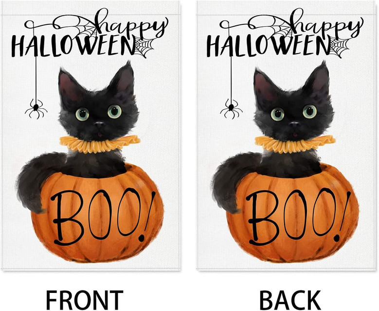 Happy Halloween Boo Garden Flag: Black Cat Pumpkin Vertical Yard Flag Double Sided - Spooky Halloween Outdoor House Decor Seasonal Holiday Decoration