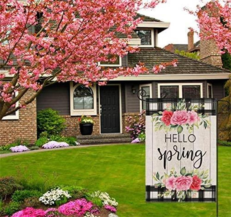Hello Spring Floral Garden Flag 12x18 Inch Double Sided, Buffalo Plaid With Hello Spring Flowers Small Yard Flag For Outdoor Seasonal Decor For Farmhouse Holiday Summer Outside