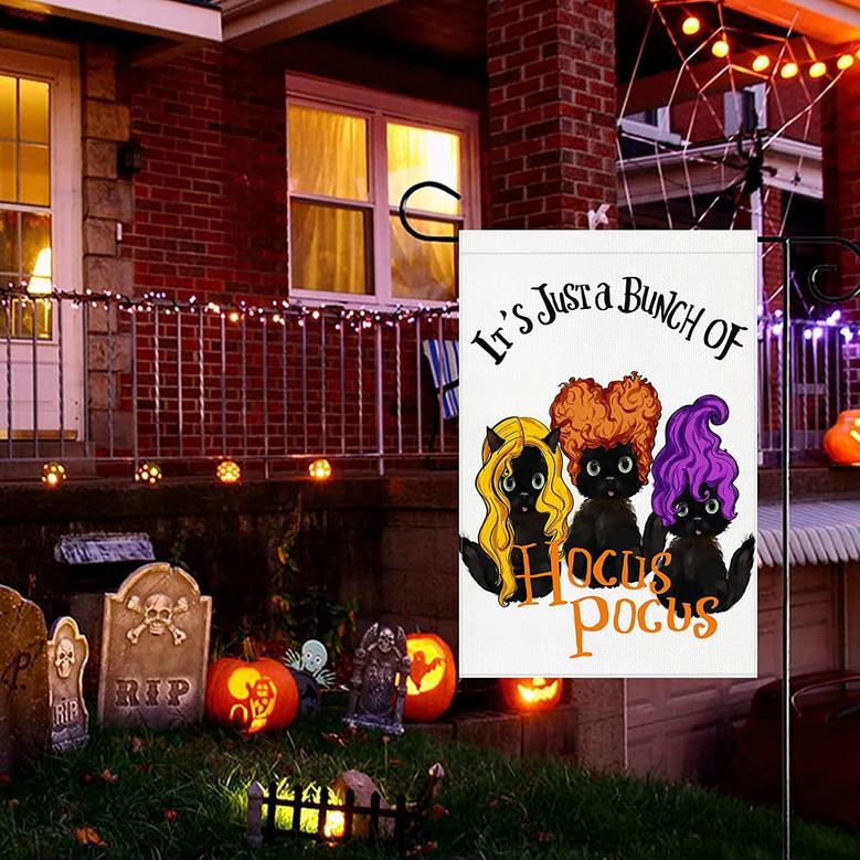 Hocus Pocus Halloween Garden Flag: Black Cat Dressed As Sanderson Sisters Yard Flag 12x18 Inch Double Sided - Holiday Outdoor House Decor Seasonal Decoration