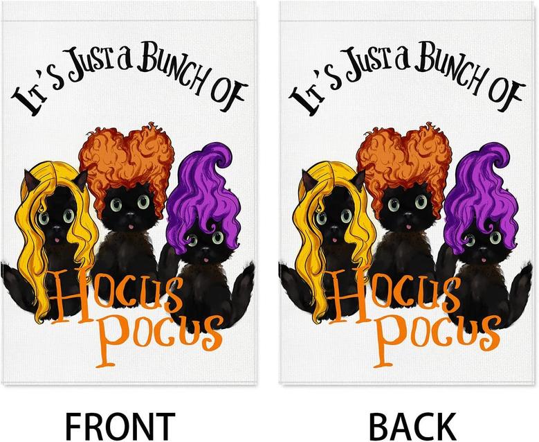 Hocus Pocus Halloween Garden Flag: Black Cat Dressed As Sanderson Sisters Yard Flag 12x18 Inch Double Sided - Holiday Outdoor House Decor Seasonal Decoration