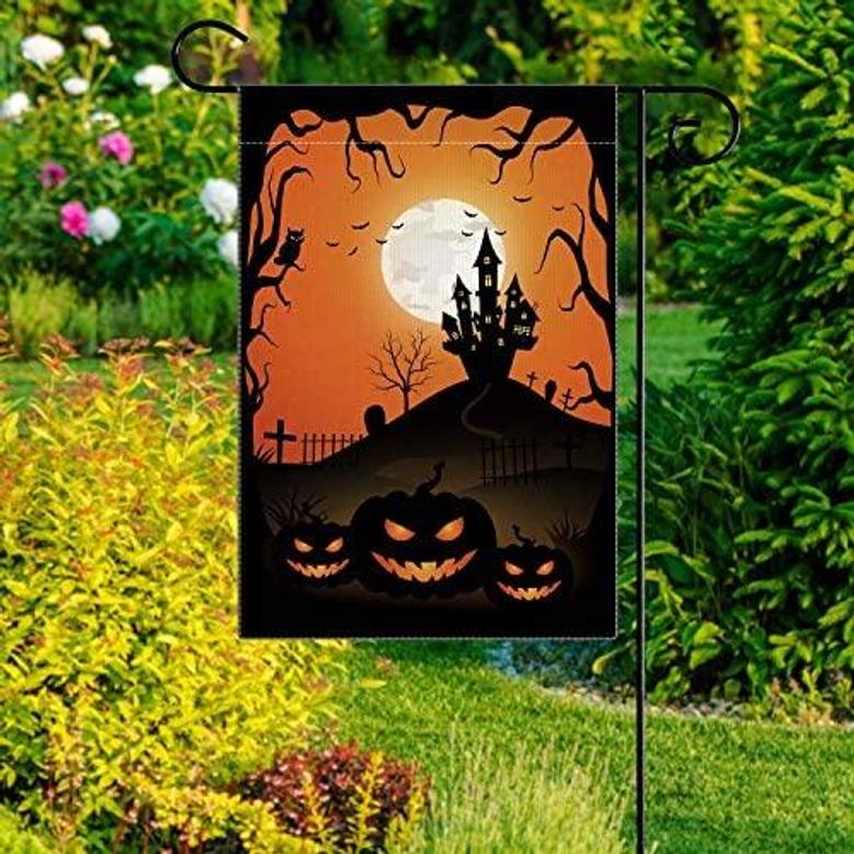 Scary Night Halloween Flags, Owl Bat Castle Pumpkin Decorations Double Sided Fall Garden Flag, Patio Yard Halloween Decorations Outdoor