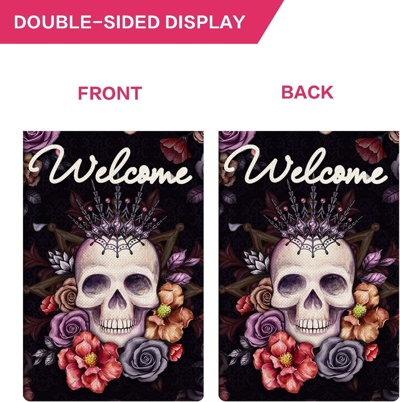 Sugar Roes Flowers Skulls Spring Welcome Garden Flag, Double Sided Welcome Seasonal House Flags, Yard Signs Farm Home Outdoor Decor