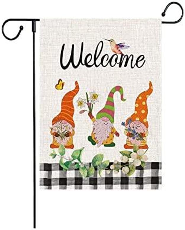 Welcome Gnomes Garden Flags, Spring Vertical Double Sized Burlap Flag For House Yard Outdoor Decor