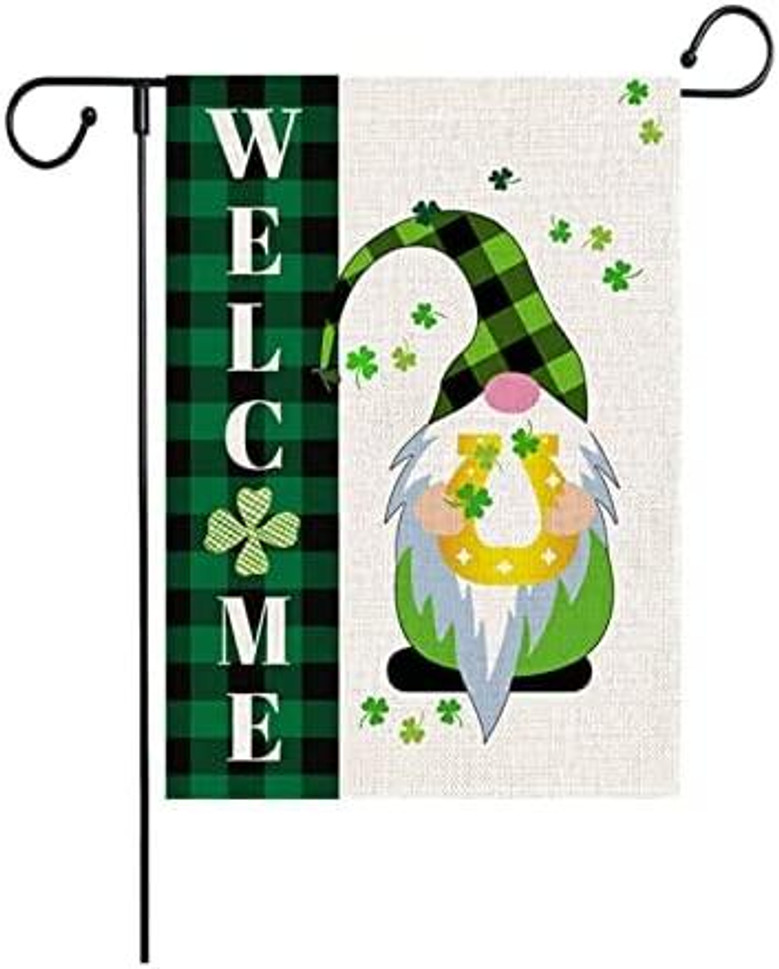 Welcome Gnomes Garden Flags, St Patrick's Day Buffalo Plaid Vertical Double Sized Burlap Flag For House Yard Outdoor