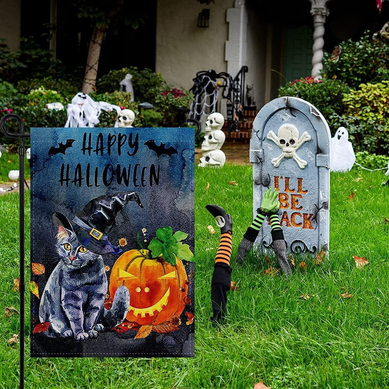 Black Cat Halloween Garden Flag Vertical Double Sized, Pumpkin Bat Yard Holiday Farmhouse Outdoor Decoration