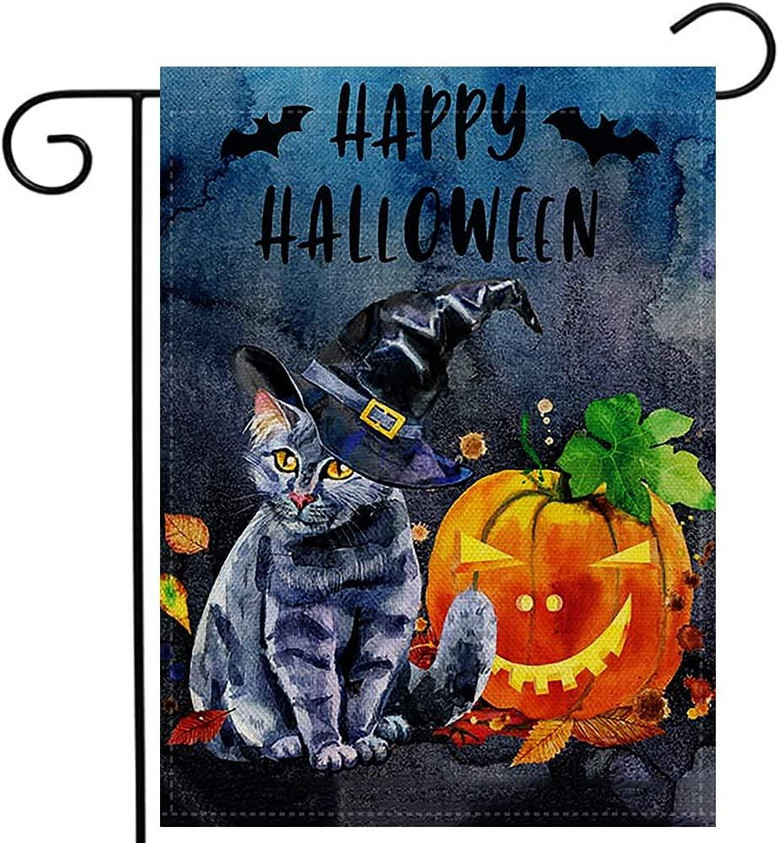 Black Cat Halloween Garden Flag Vertical Double Sized, Pumpkin Bat Yard Holiday Farmhouse Outdoor Decoration